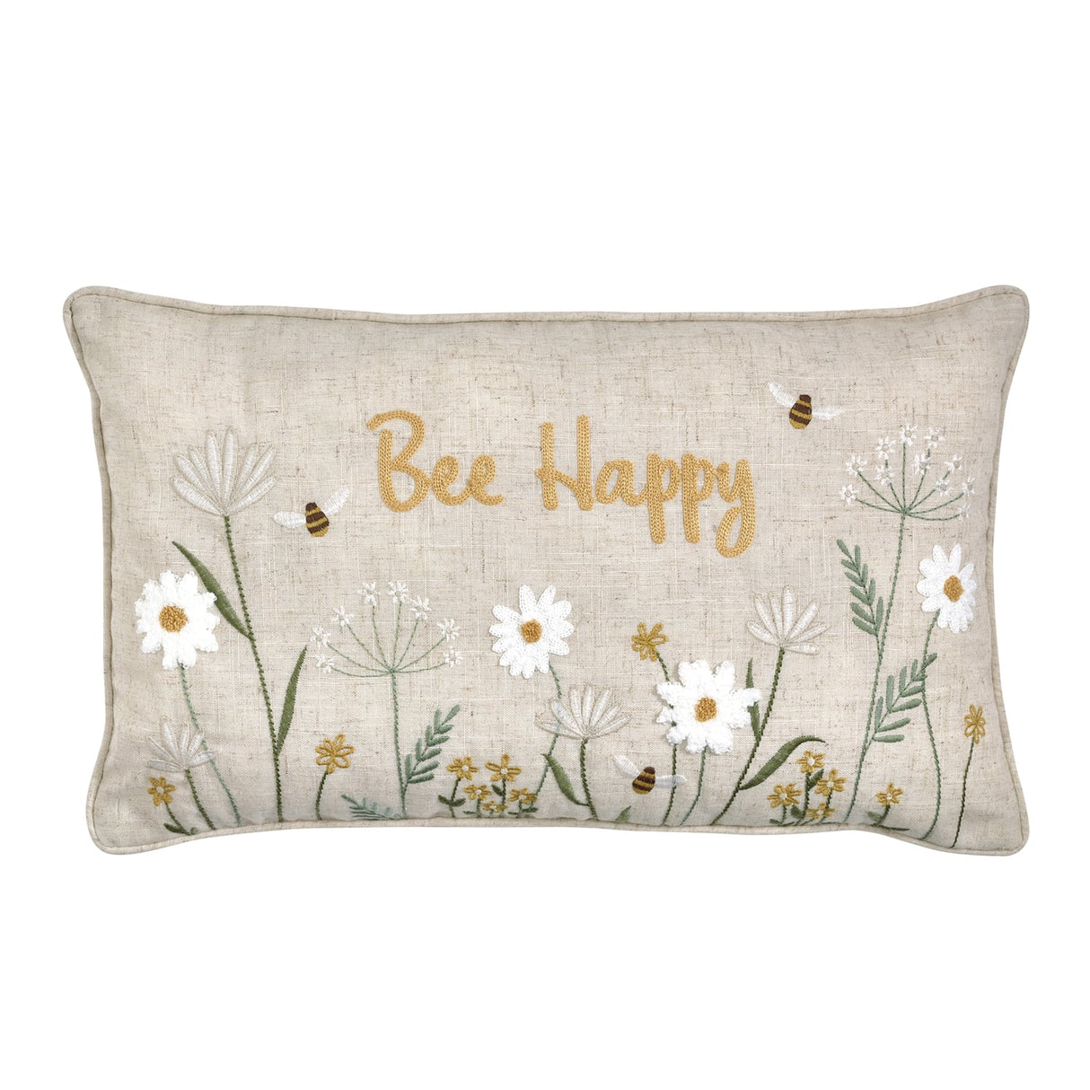 Catherine Lansfield Bee Happy Embroidered 30x50cm Filled Cushion - Natural - Bee Happy Cushion