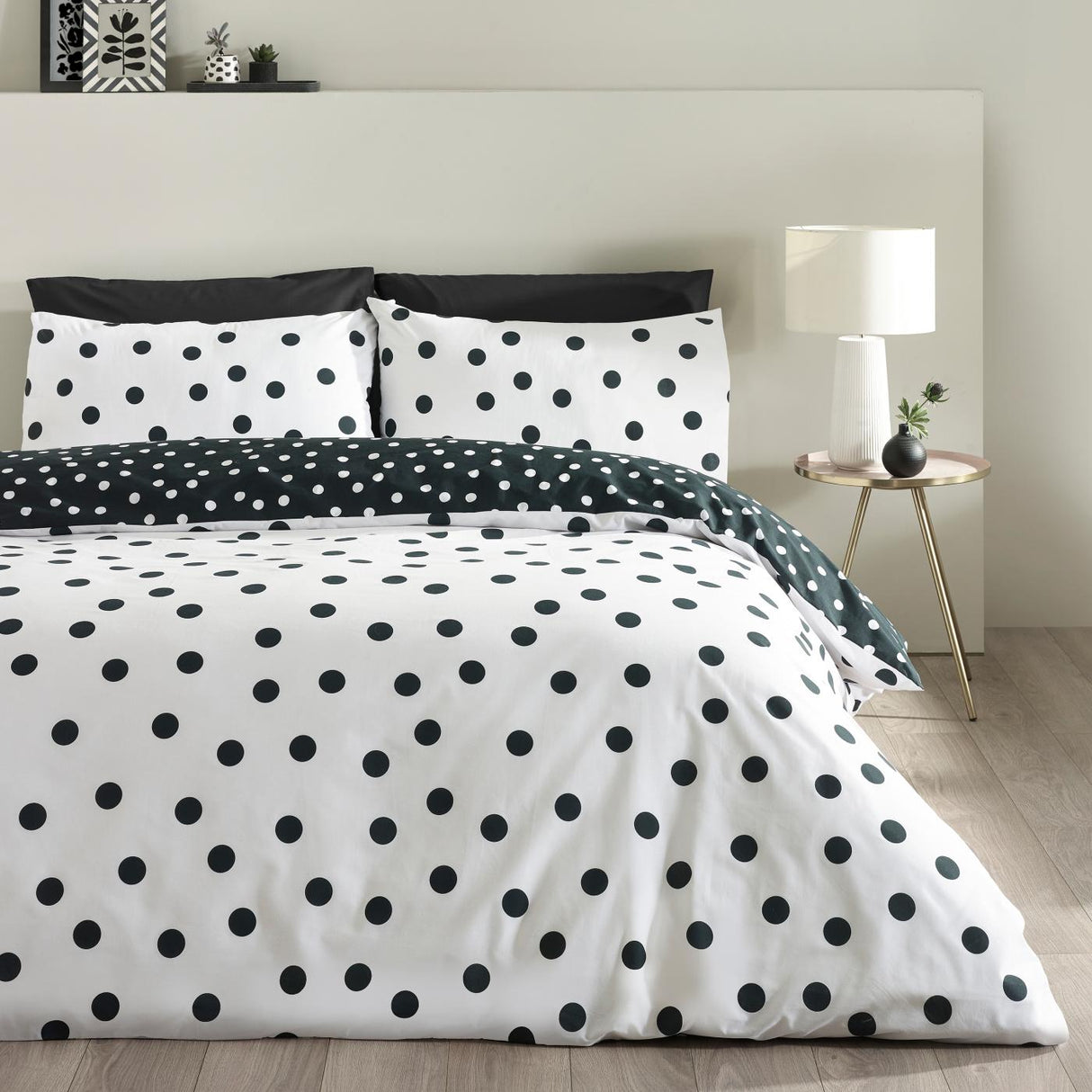 Catherine Lansfield Polka Dot Reversible Duvet Cover Set Black and White 2