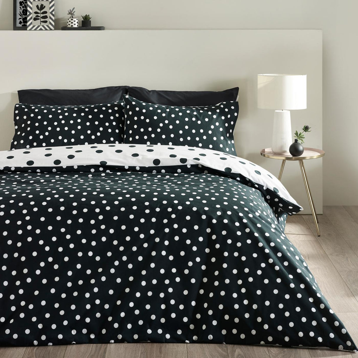 Catherine Lansfield Polka Dot Reversible Duvet Cover Set Black and White 3