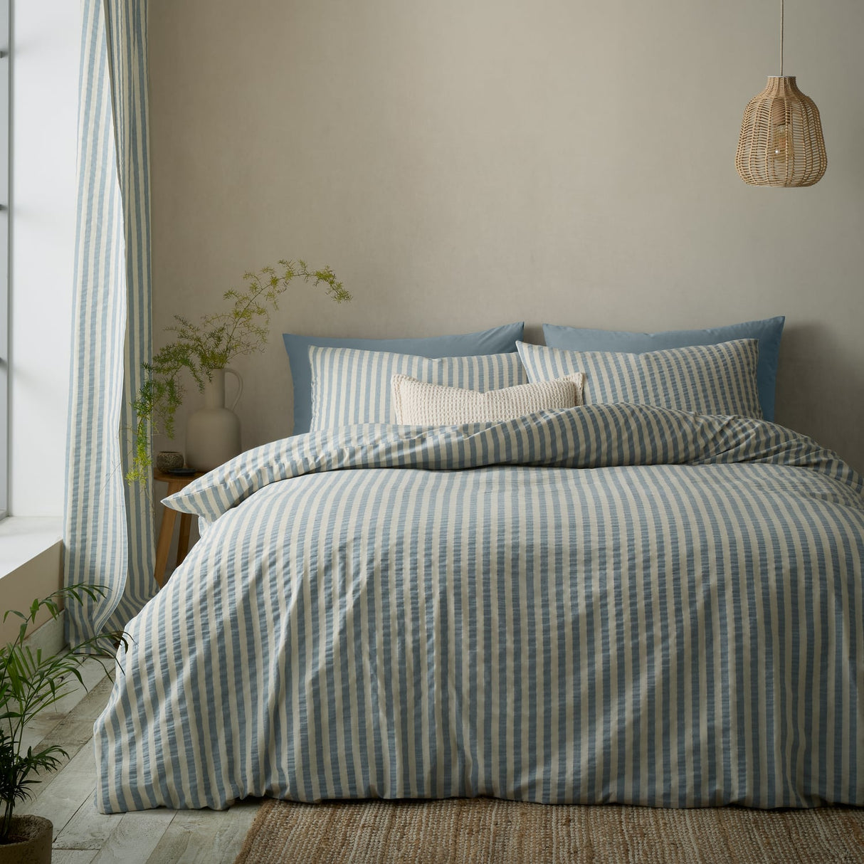 Pineapple Elephant Rich Woven Stripe Blue Cotton Duvet Cover Bedding Set - Cotton Rich Woven Stripe Blue