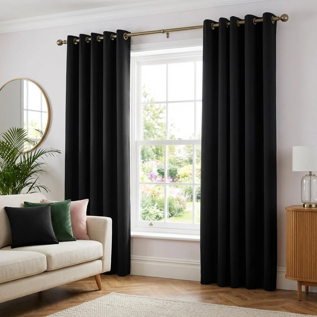 Sorbonne Cotton Lined Ready Made Eyelet Curtains - Black