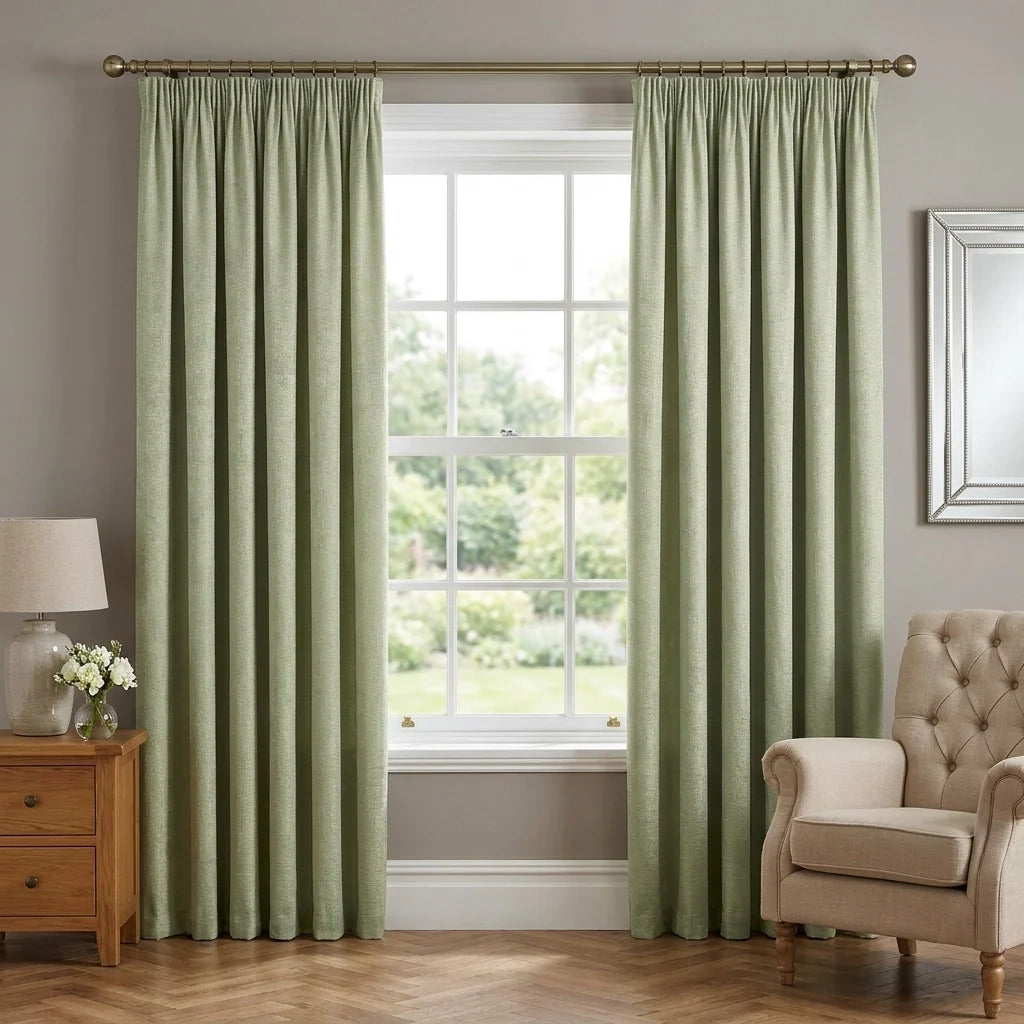Matrix Dim Out Green Thermal Pencil Pleat Curtains Textured Embossed
