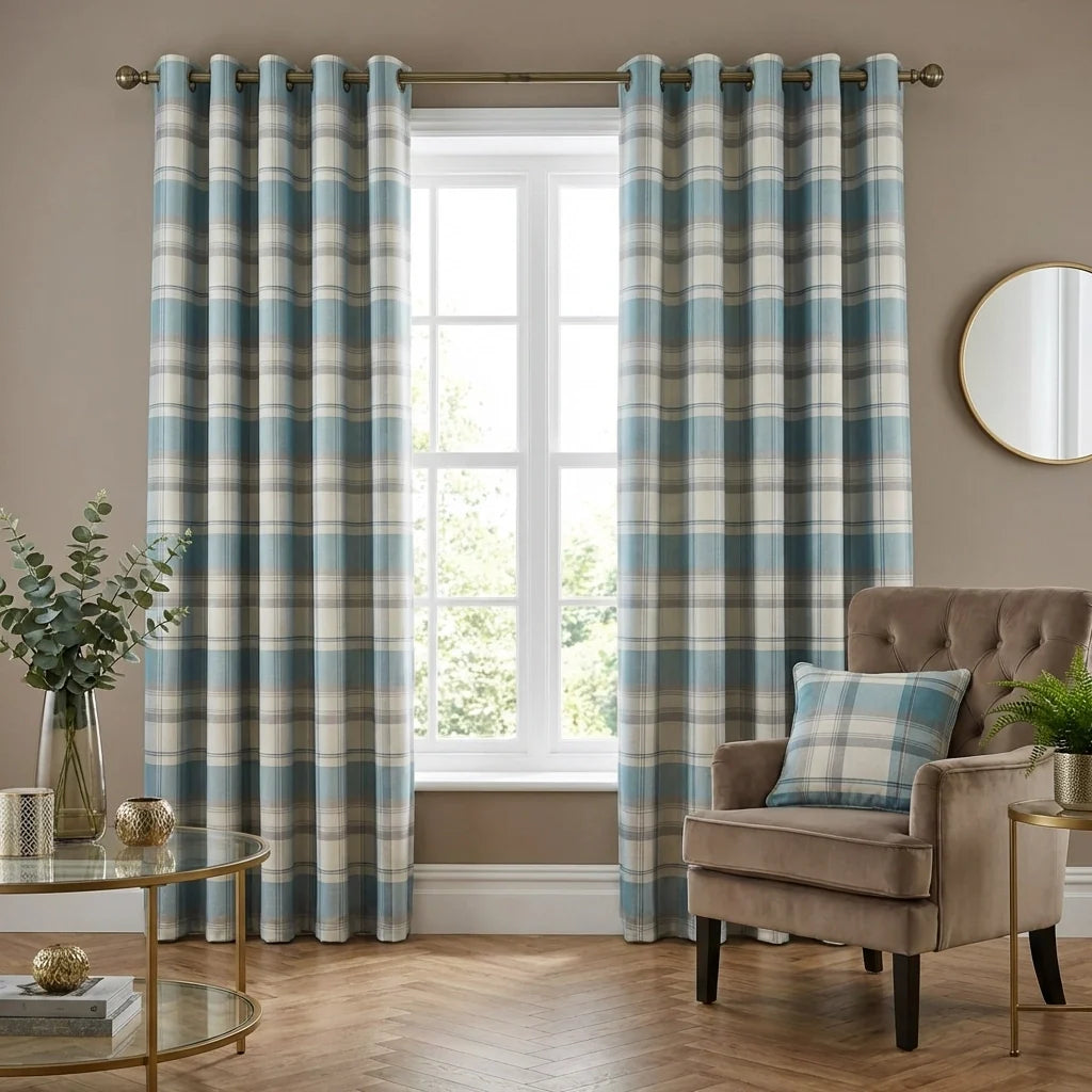 Balmoral Tartan Check Eyelet Curtains Ready Made - Duck Egg