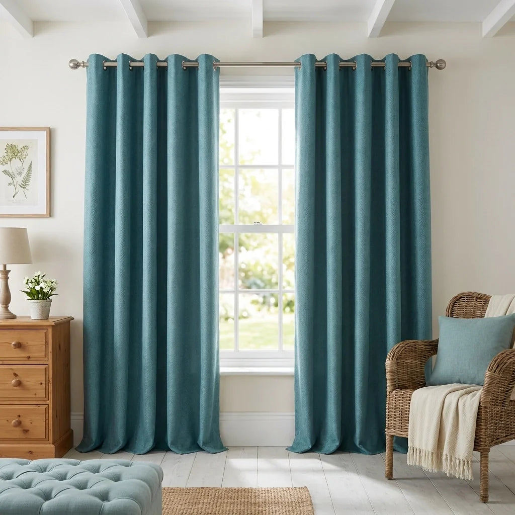 Teal Velvet Chenille Dimout Eyelet Curtains
