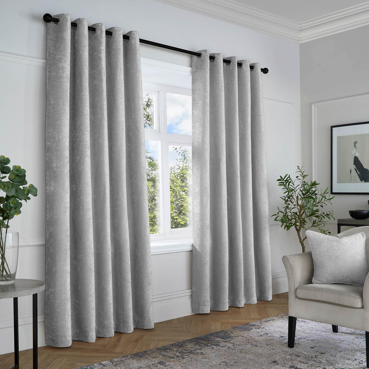 Textured Chenille Ready Made Eyelet Curtains - Grey