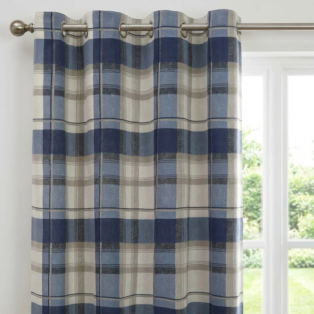 Balmoral Tartan Check Eyelet Curtains Ready Made - Navy image 3