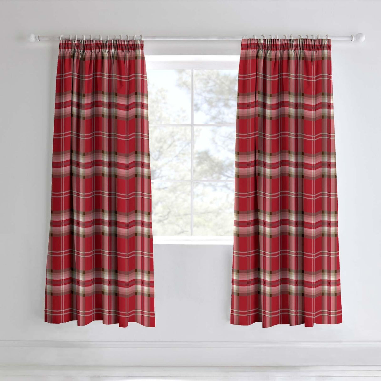 Catherine Lansfield Kelso Check Pencil Pleat Tape Top Ready Made Curtains - Red