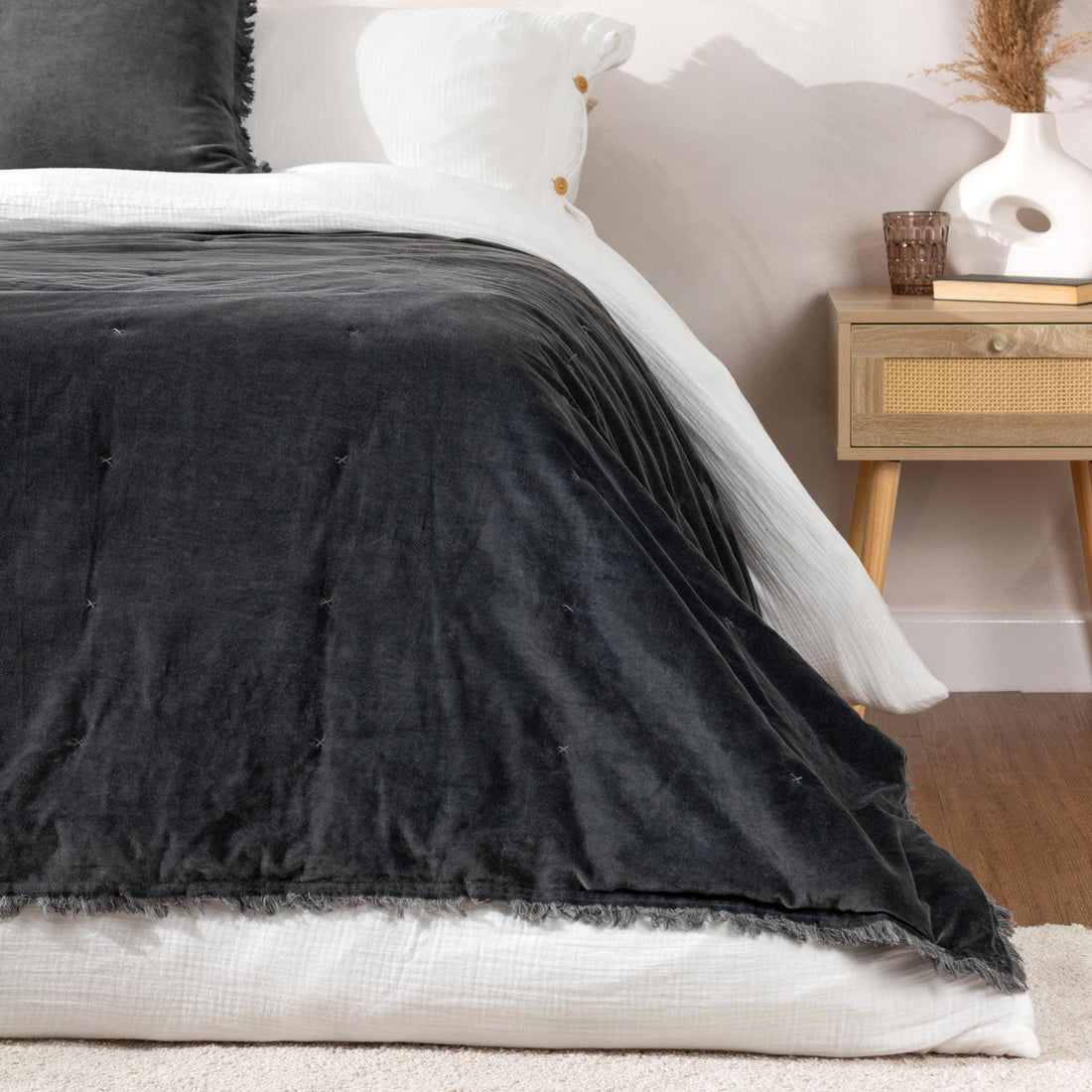 Jaye Cotton Velvet Filled Bedspread 140cm x 220cm - Slate