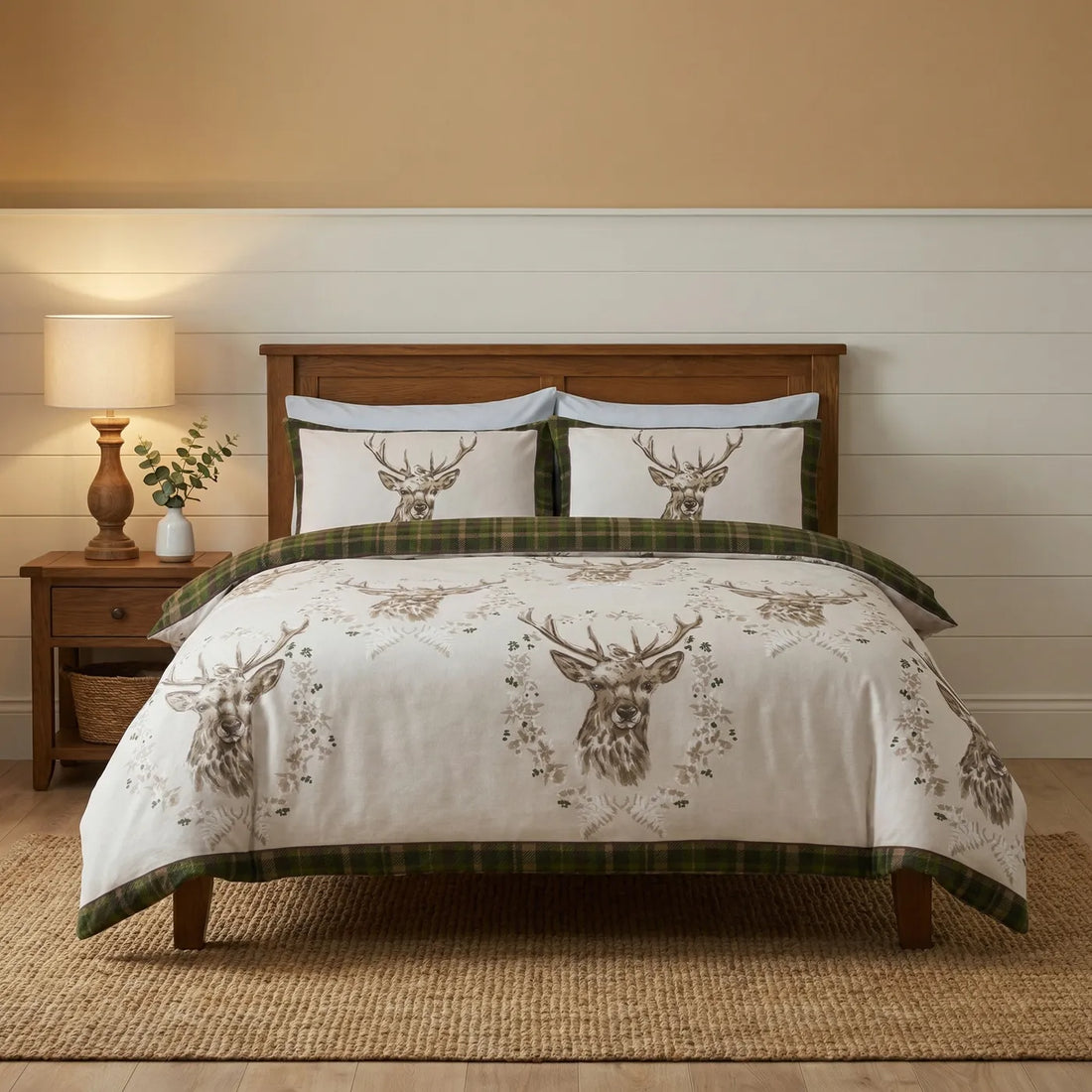 Angus Stag Green 100% Cotton Flannelette Duvet Cover Bedding Set