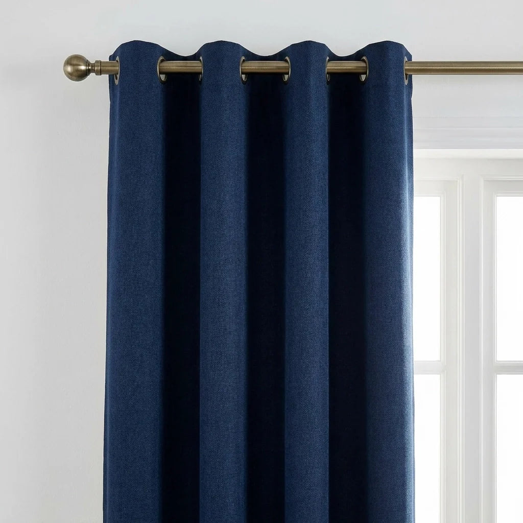 Velvet Chenille Eyelet Curtains - Navy image 2