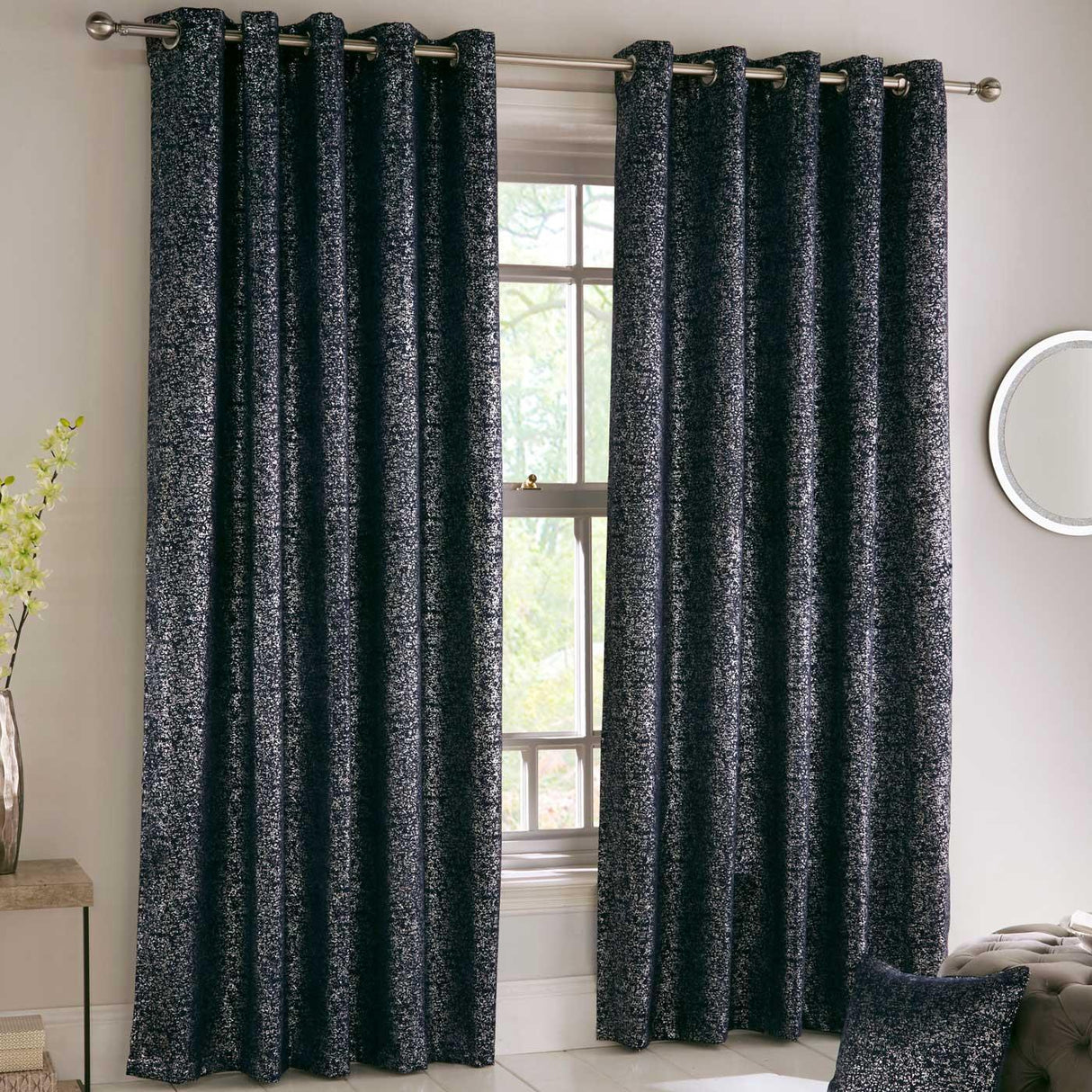 Halo Metallic Thermal Eyelet Curtains Navy 46" x 54" by Enhanced Living