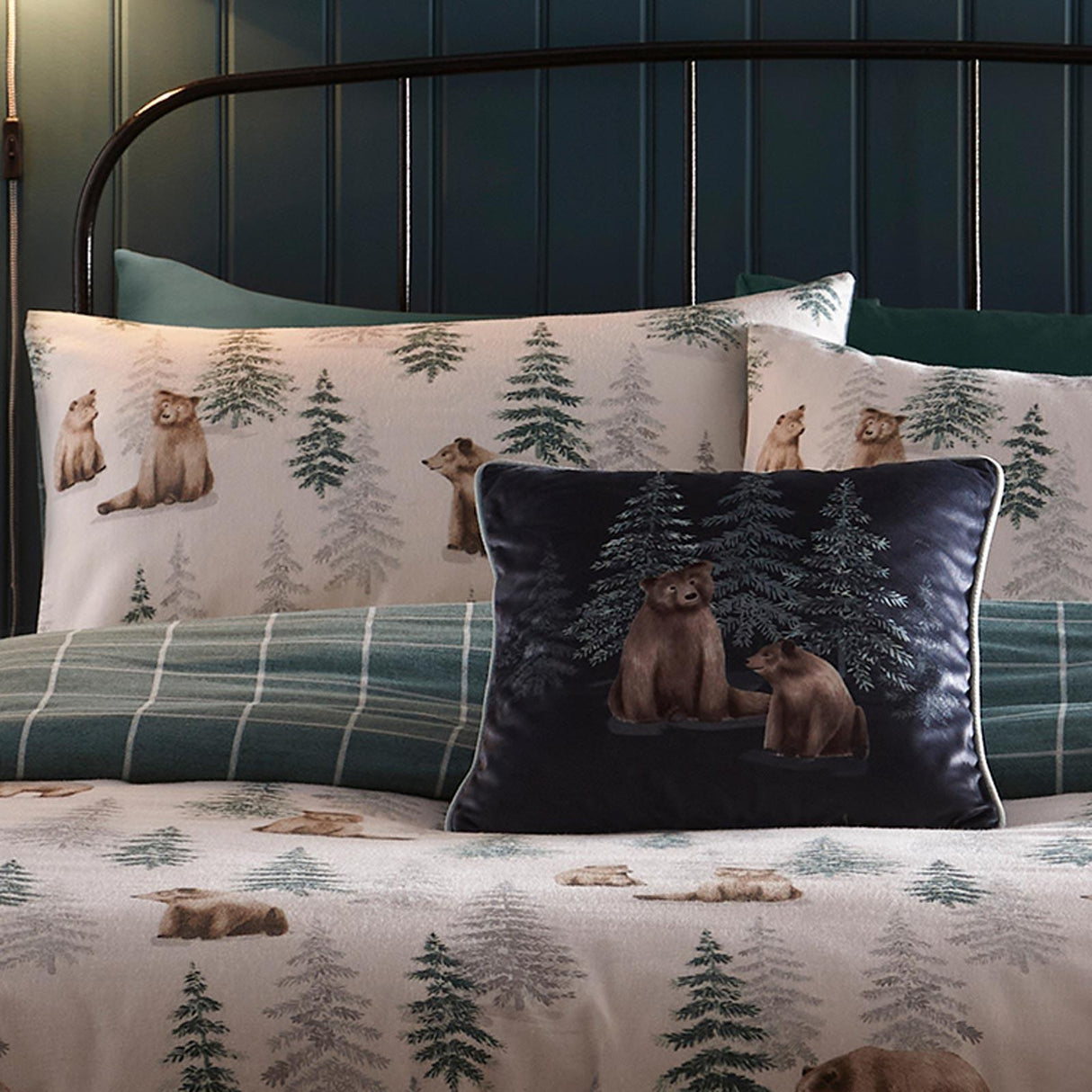 Dreams & Drapes Lodge Bear Walks Forest Green Velvet Cushion Cover