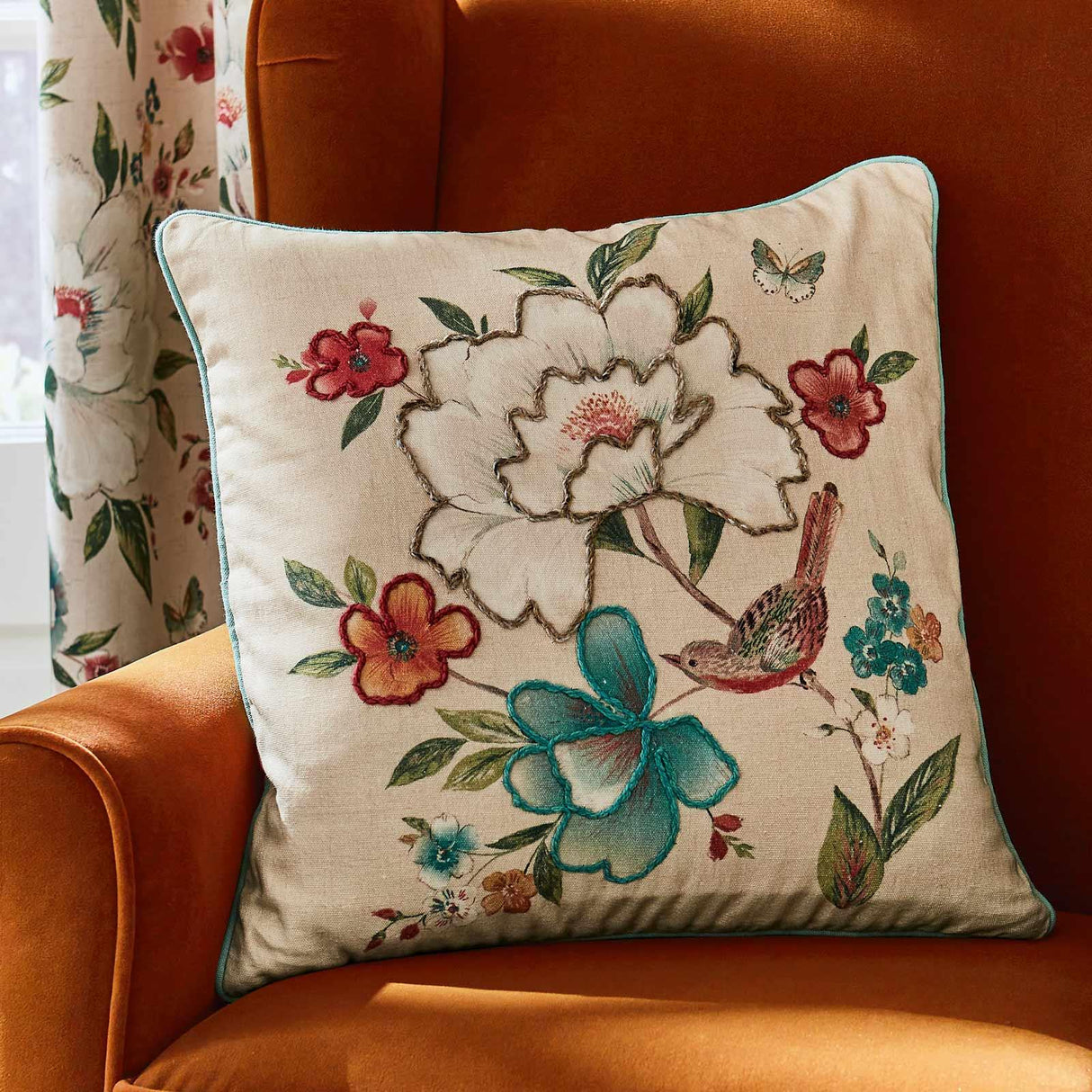 Catherine Lansfield Pippa Floral Birds Beige Cushion Cover