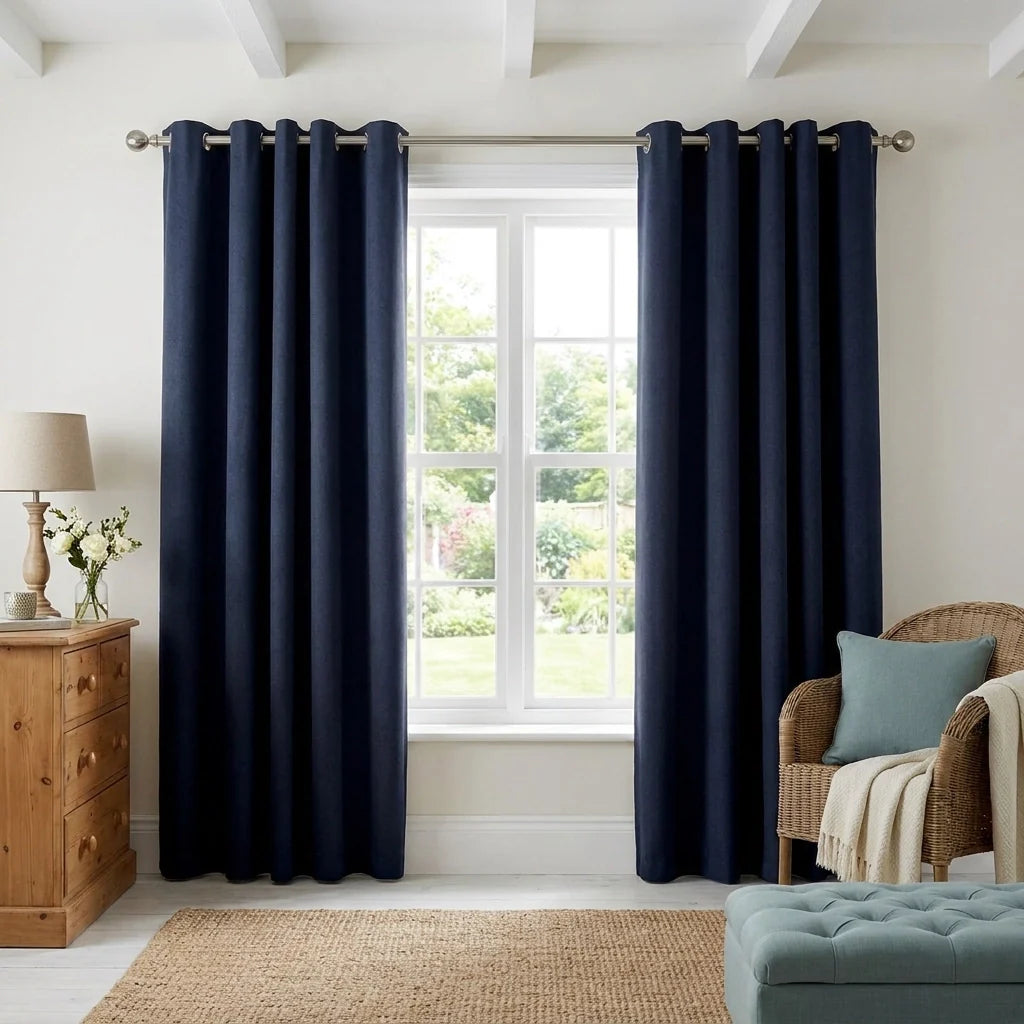Navy Velvet Chenille Dimout Eyelet Curtains