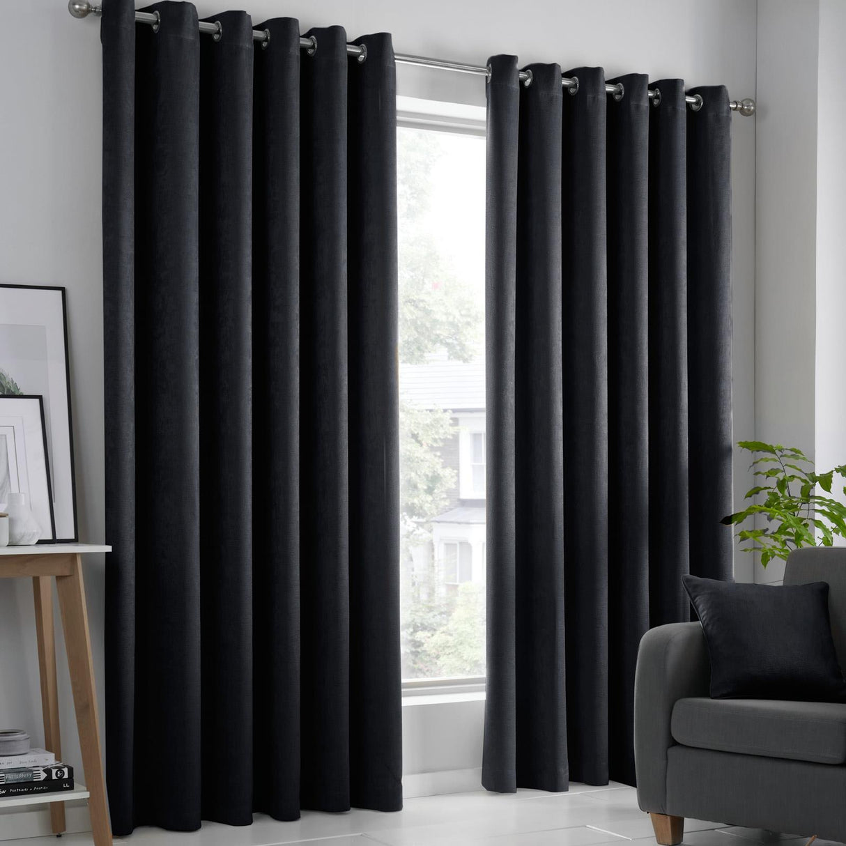 Strata Woven Dim Out Eyelet Curtains Black by Fusion