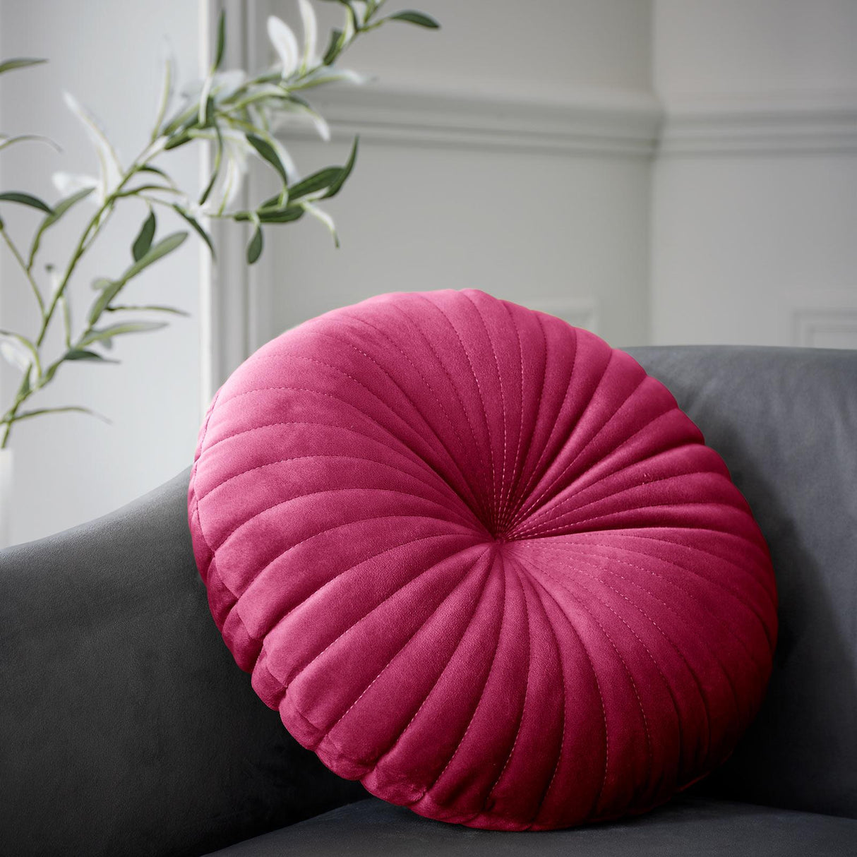 Catherine Lansfield Pleated Round Button Filled Cushion - Hot Pink