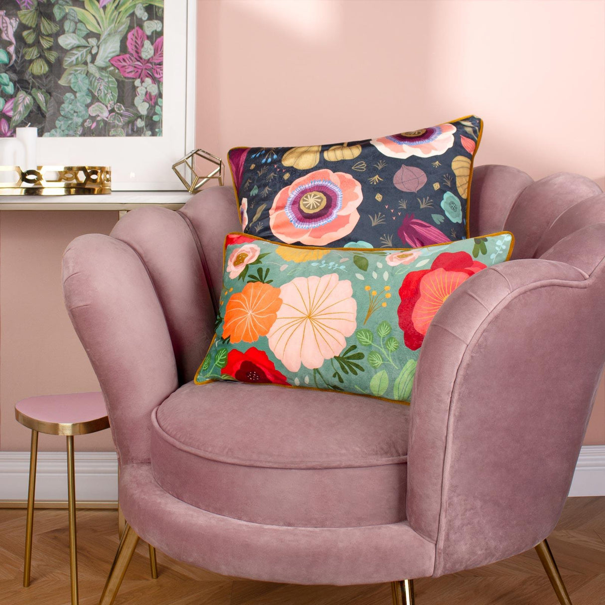 Floral Illustrated Velvet Cushion Cover 12" x 20" by Kate Merritt