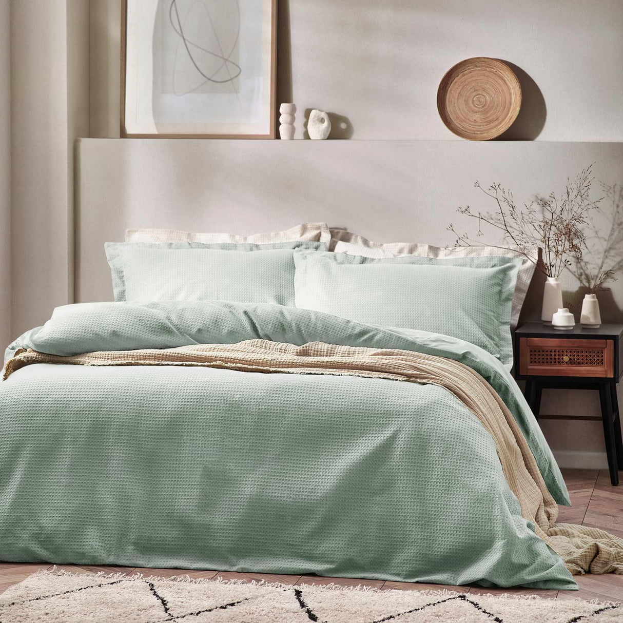 Waffle Textured Cotton Seafoam Duvet Cover Set