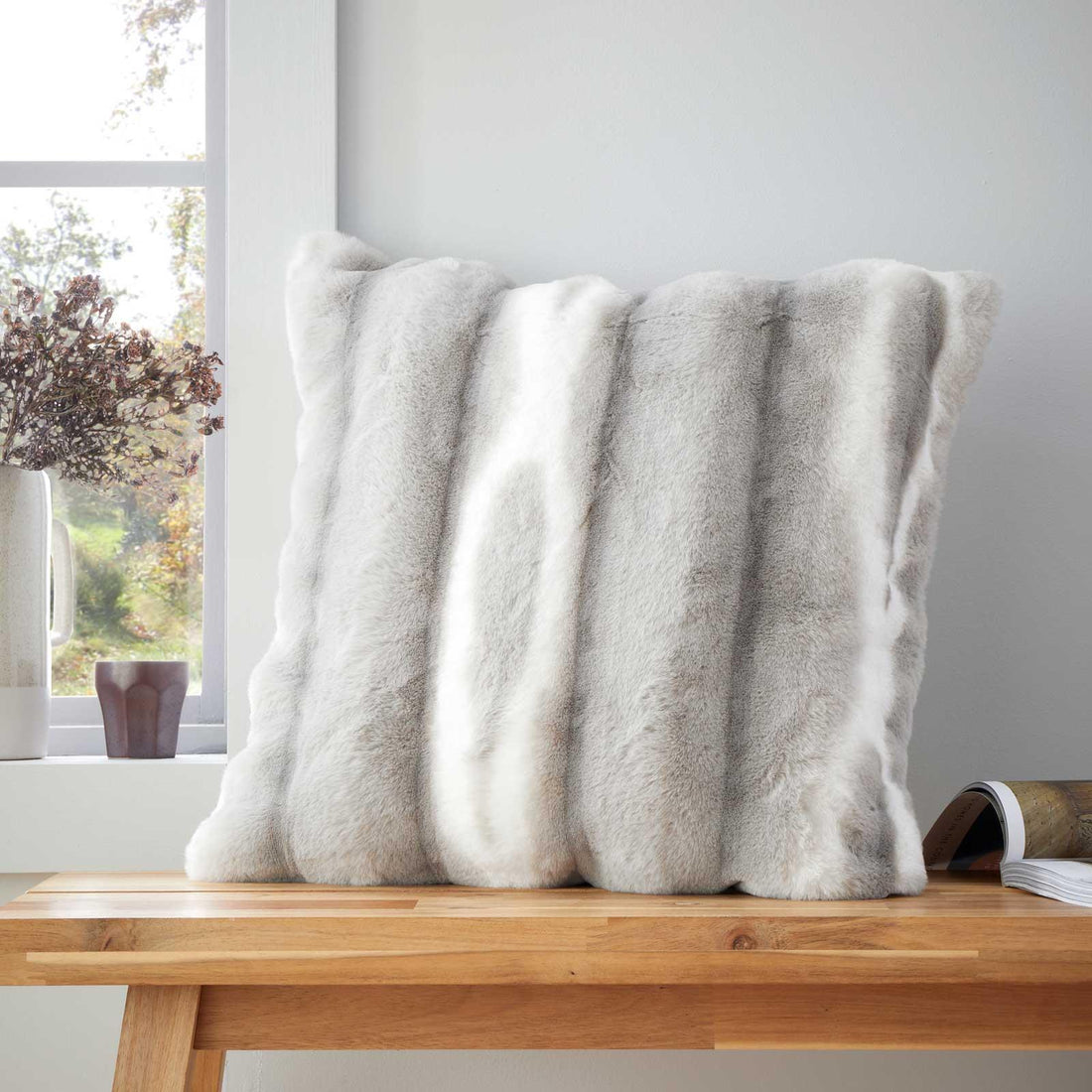 Catherine Lansfield Flint Faux Fur Silver Filled Cushion