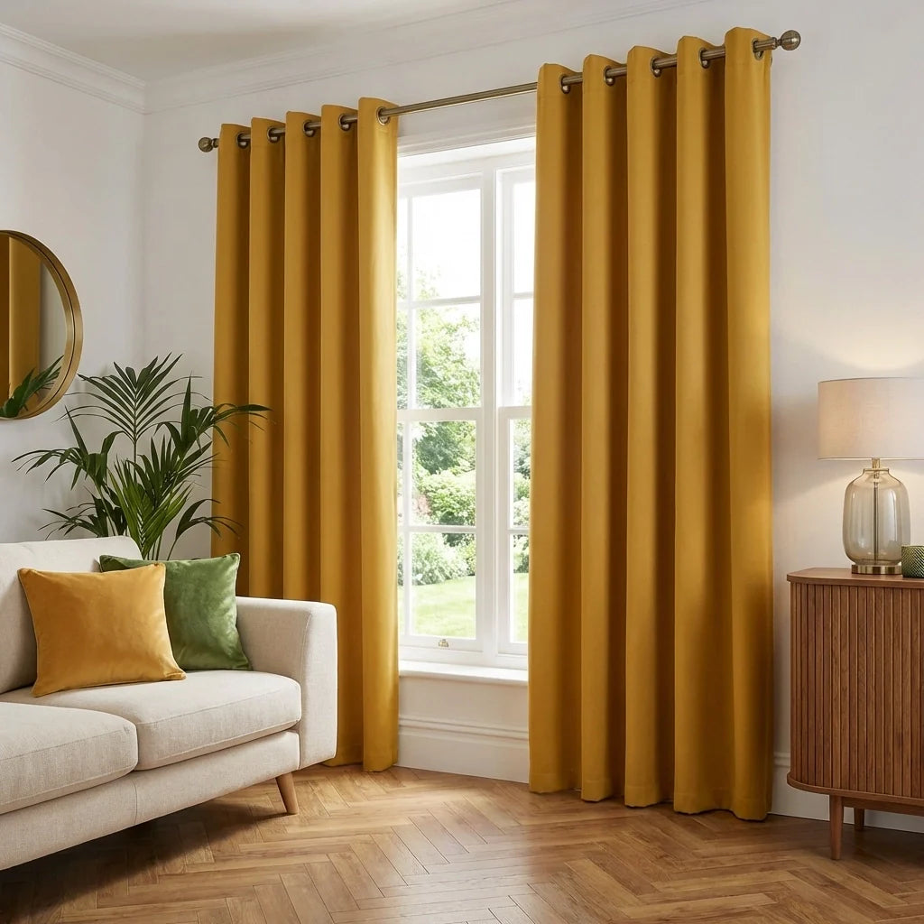 Sorbonne Lined Ochre 100% Cotton Eyelet Curtains