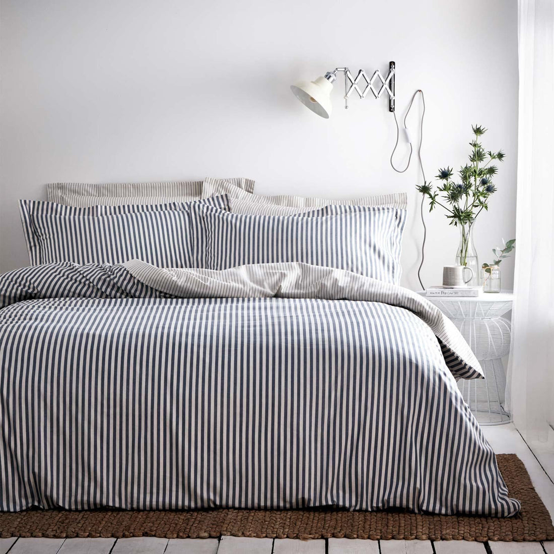 Hebden Mélange Stripe Navy 100% Cotton Duvet Cover Bedding Set