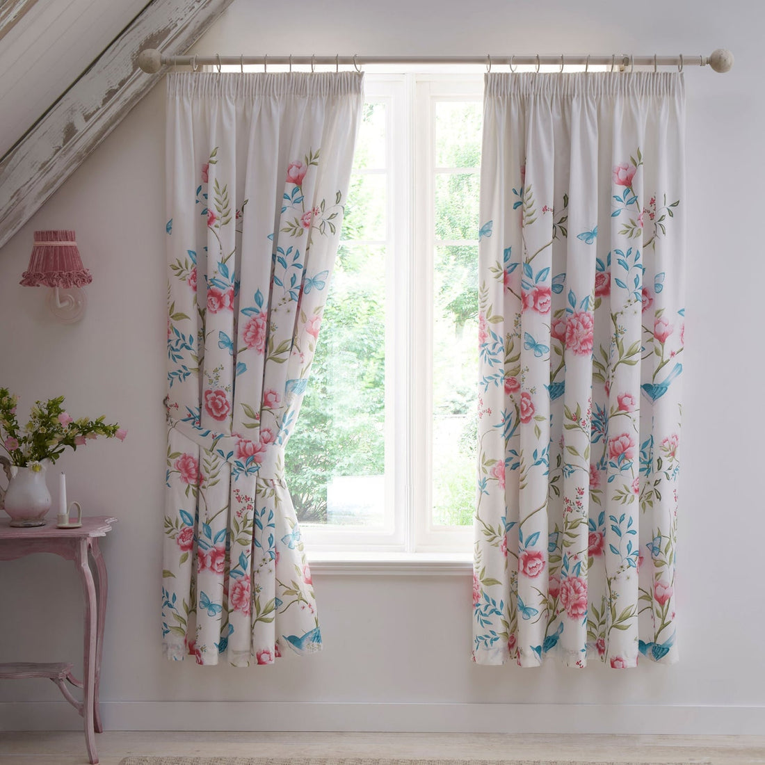 Amelle Floral Blue Pencil Pleat Curtains