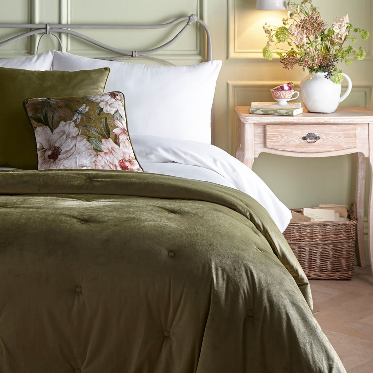 Austell Floral Velvet Teal Bedspread 150cm x 220cm - Austell Bedspread In Olive 150 X 220Cm 2