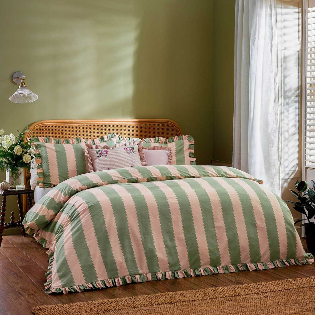 Birdie Stripe Pink + Green Duvet Cover Bedding Set