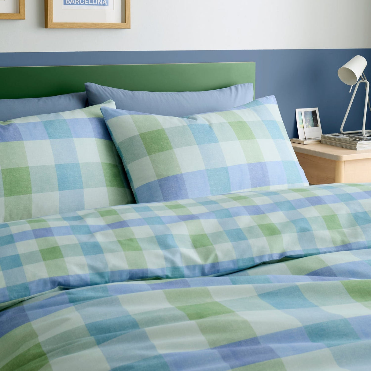 Block Check Cotton Blend Duvet Cover Set - Blue - Block Check Duvet Cover Set In Blue 2