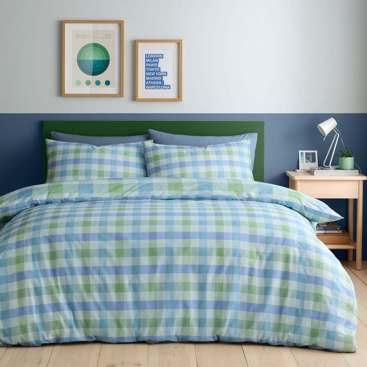 Block Check Cotton Blend Duvet Cover Set - Blue - Block Check Duvet Cover Set In Blue 4