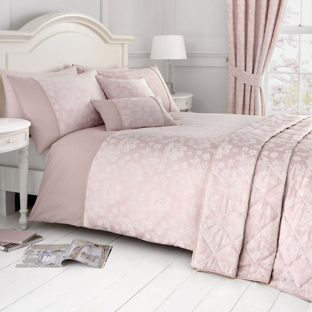 Blossom Jacquard Floral Woven Bedspread - Blossom Bedspread In Blush 240 X 220Cm 2