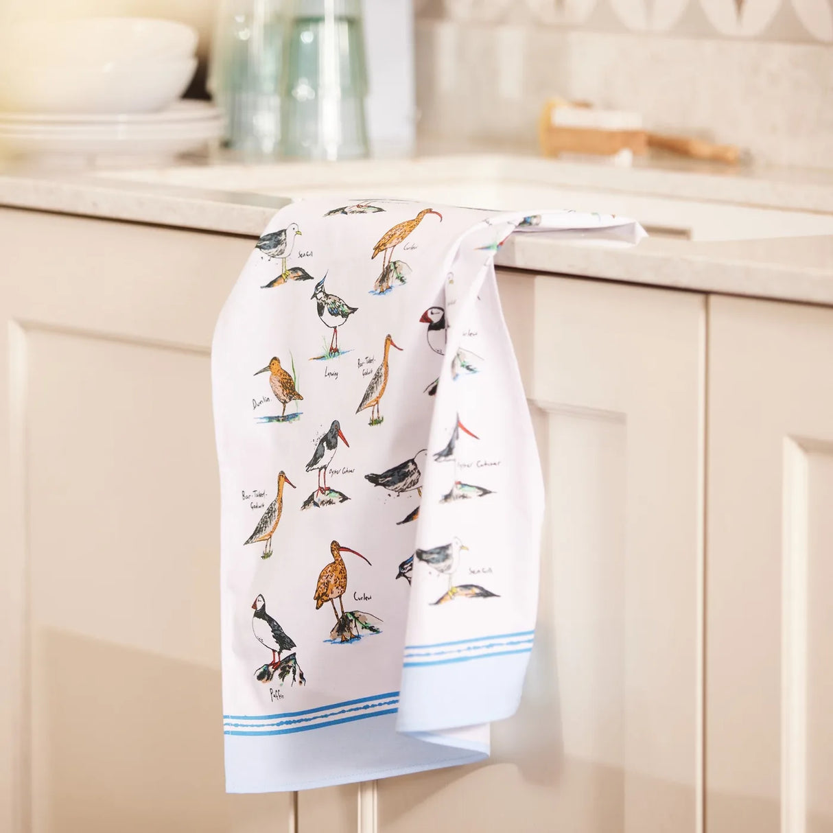 Coastal Birds Cotton Tea Towel in Blue
