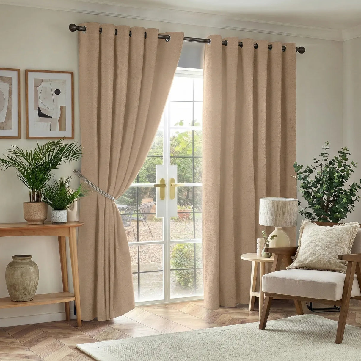 Alan Symonds Chenille Blackout Eyelet Ring Top Curtains in Beige