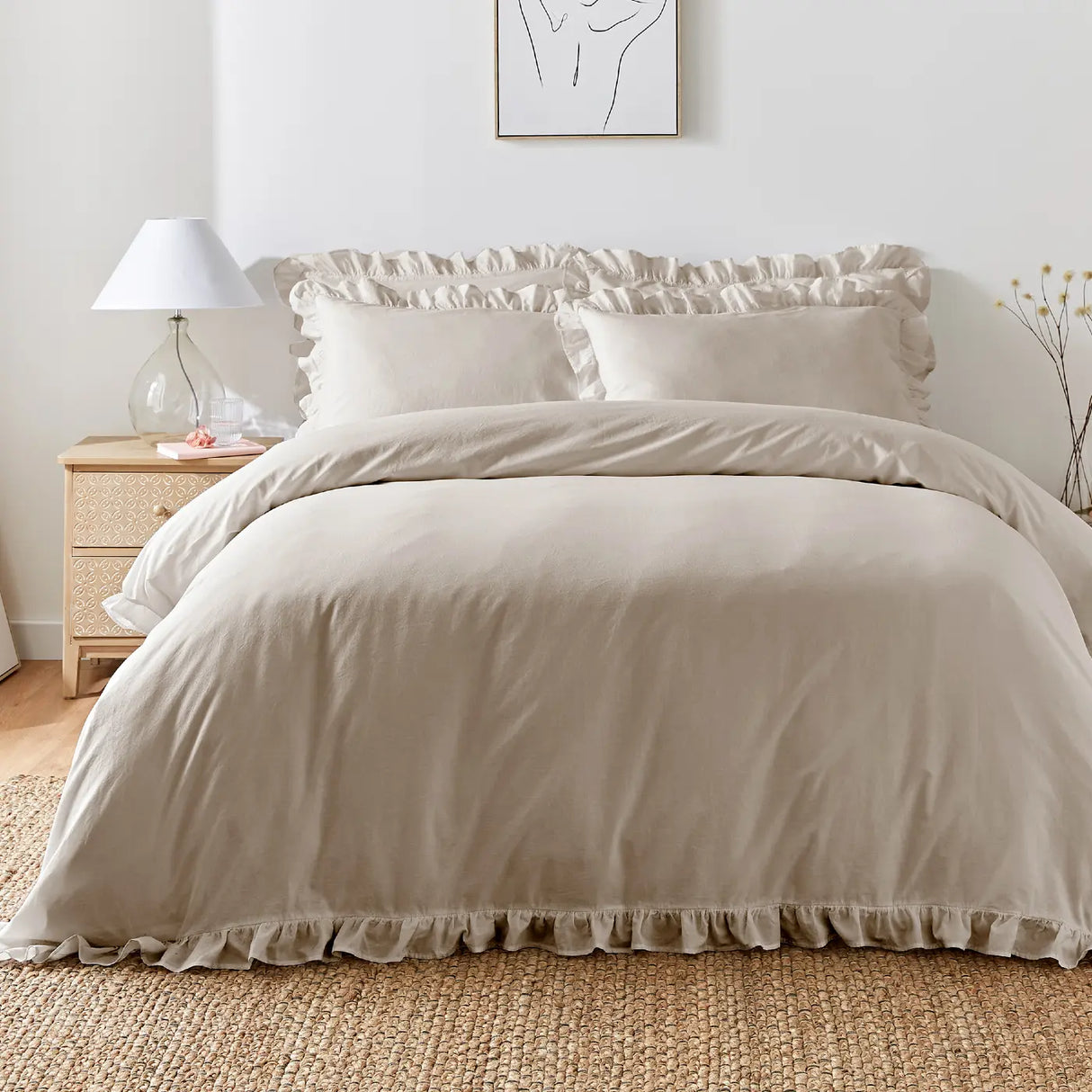 Cassia Frill 100% Cotton Duvet Cover Set - Natural