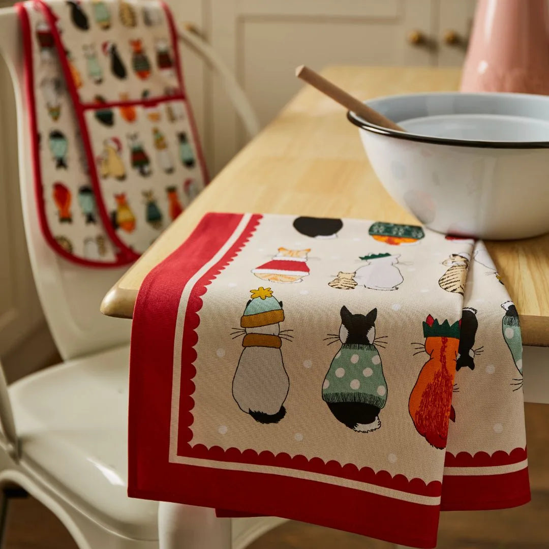 Christmas Cats in Waiting Cotton Tea Towel in Red