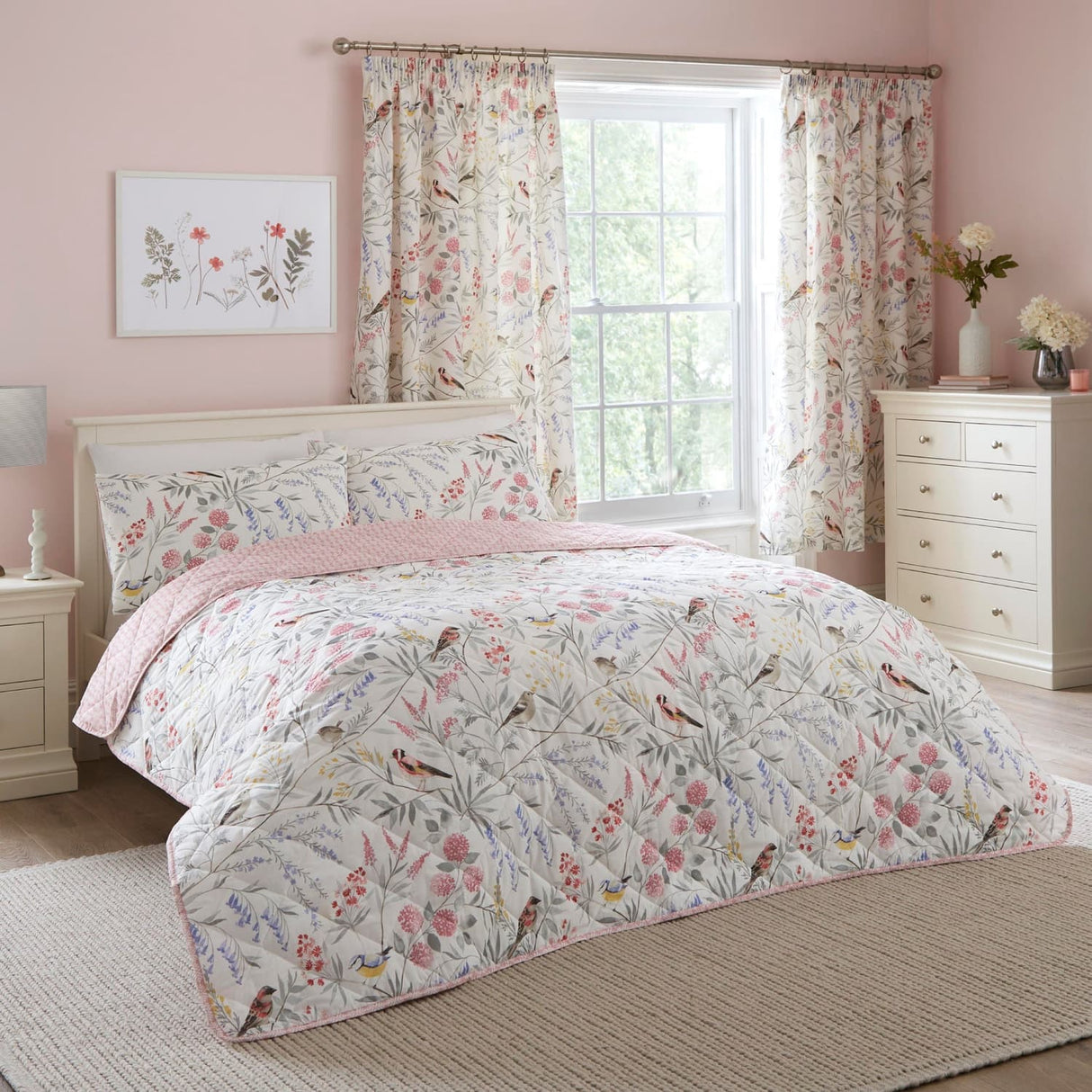 Caraway Floral Quilted Bedspread Green Pink 230cm x 200cm - Caraway Bedspread In Pink 200 X 230Cm 1
