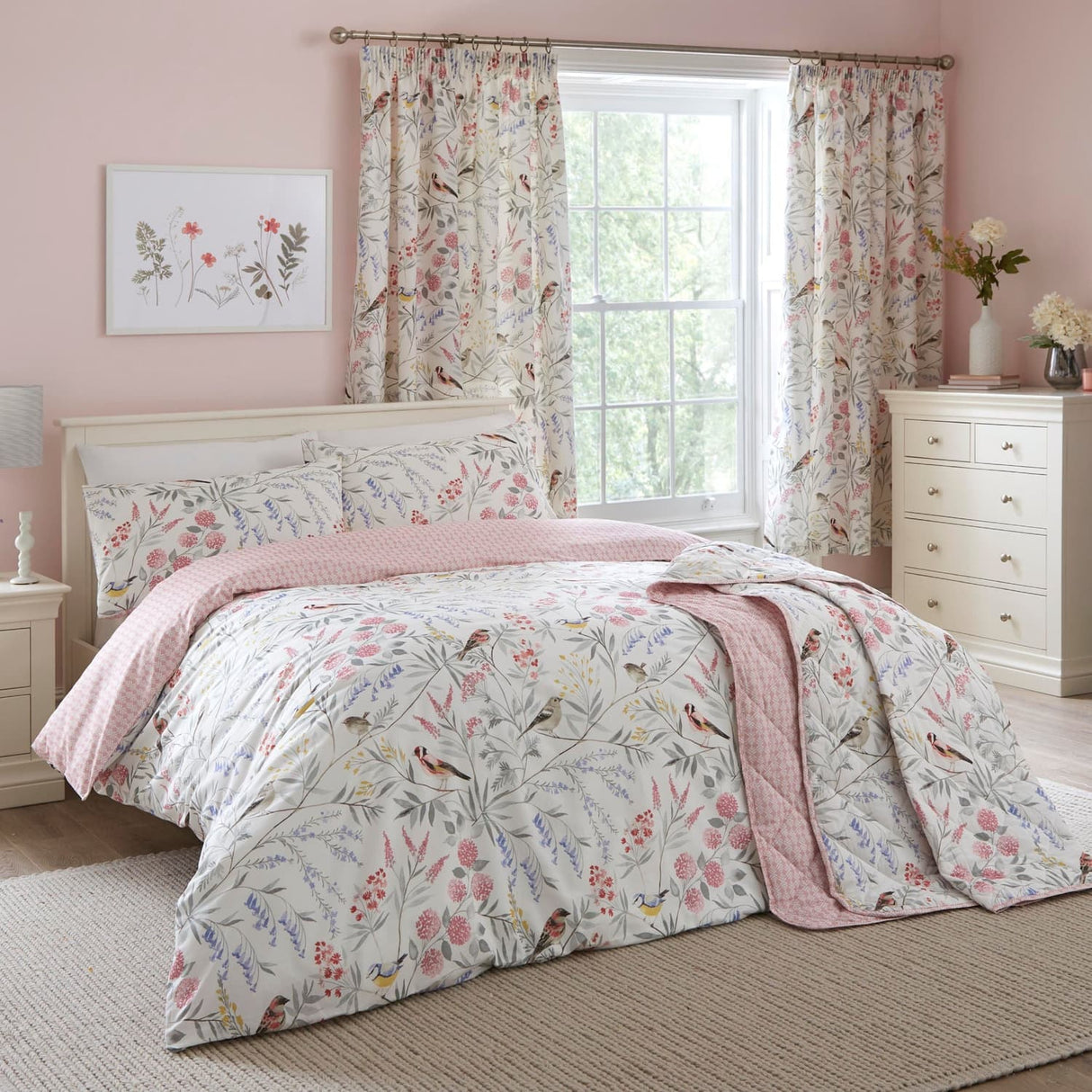 Caraway Floral Quilted Bedspread Green Pink 230cm x 200cm - Caraway Bedspread In Pink 200 X 230Cm 2