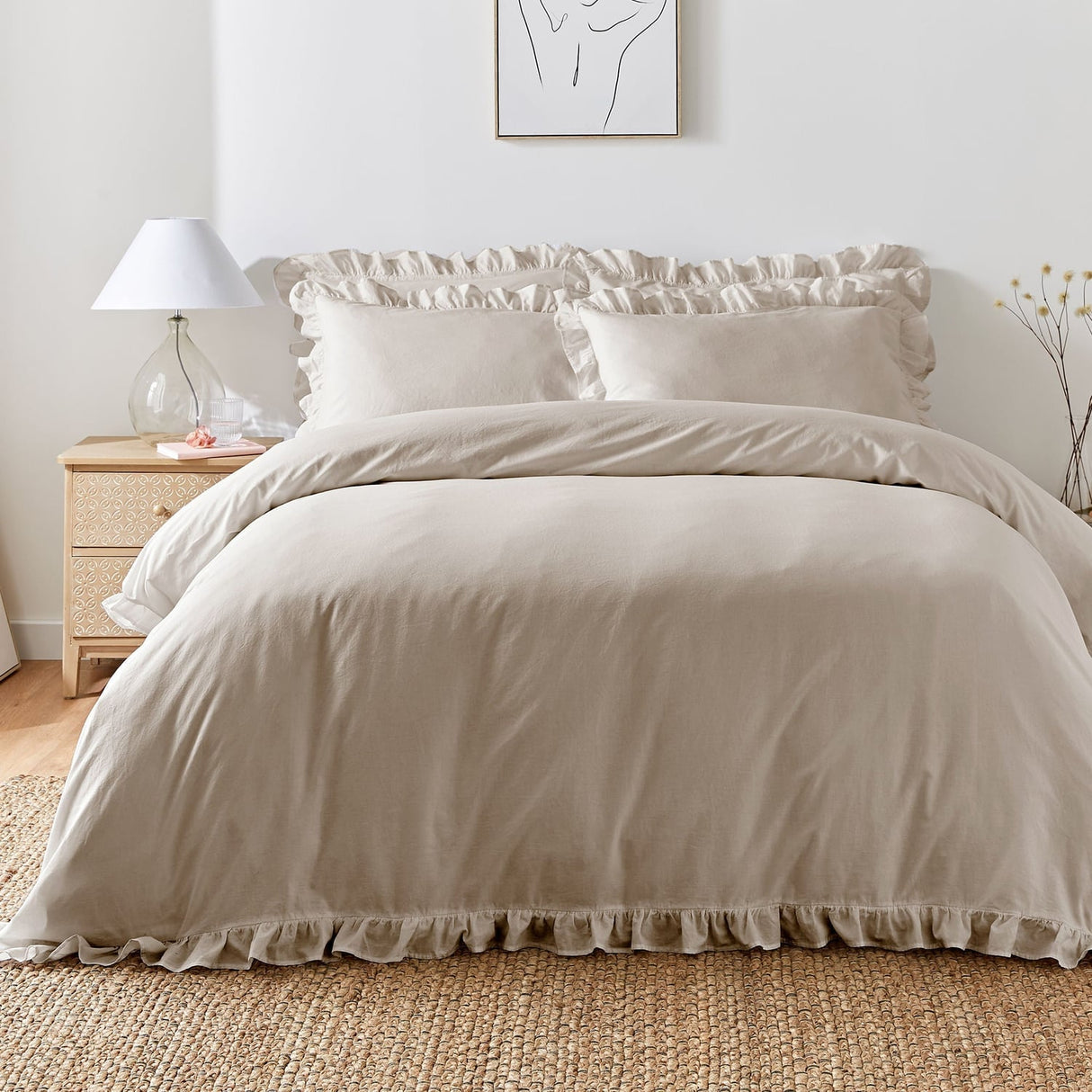 Cassia Frill 100% Cotton Duvet Cover Set - Natural