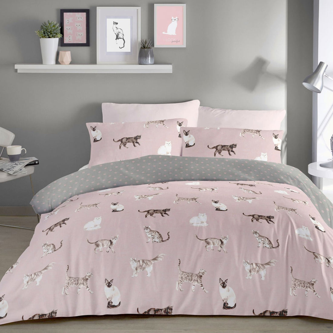 Cats Reversible Blush Duvet Cover Bedding Set