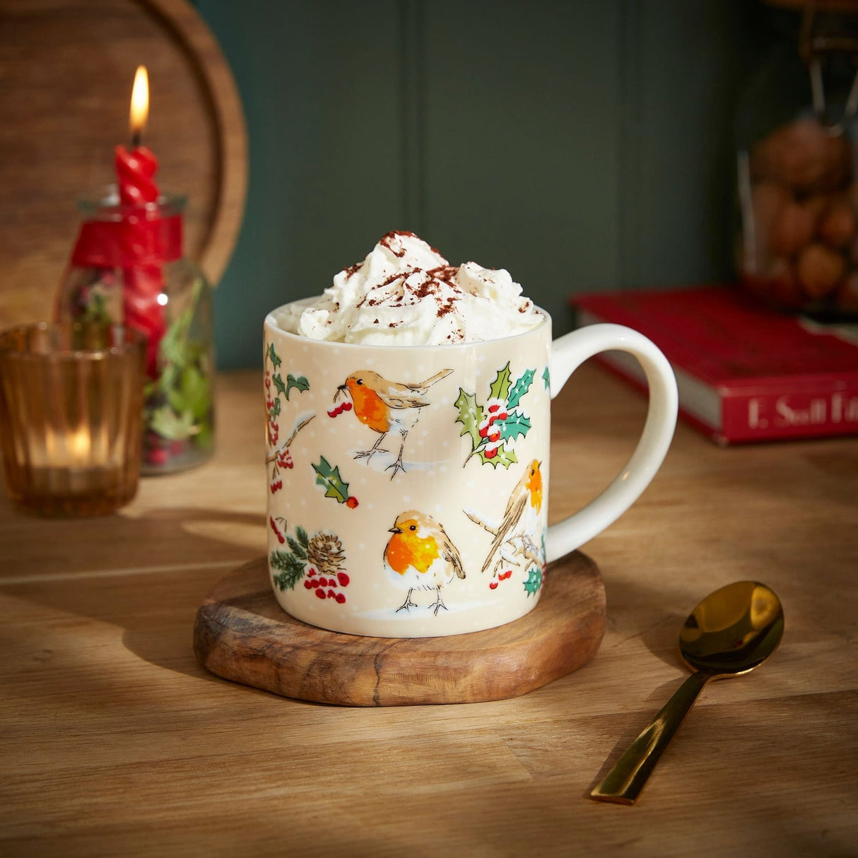 Ulster Weavers Christmas Robins Accessories Bone China Mug - Christmas Robins Bone China Mug In Green 2