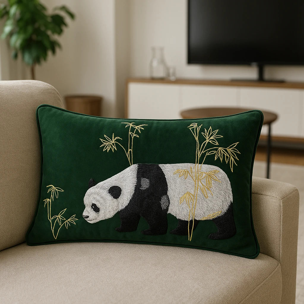 Chuan Tranquil Panda Velvet Emerald Cushion Cover or Filled Cushion 40cm x 60cm