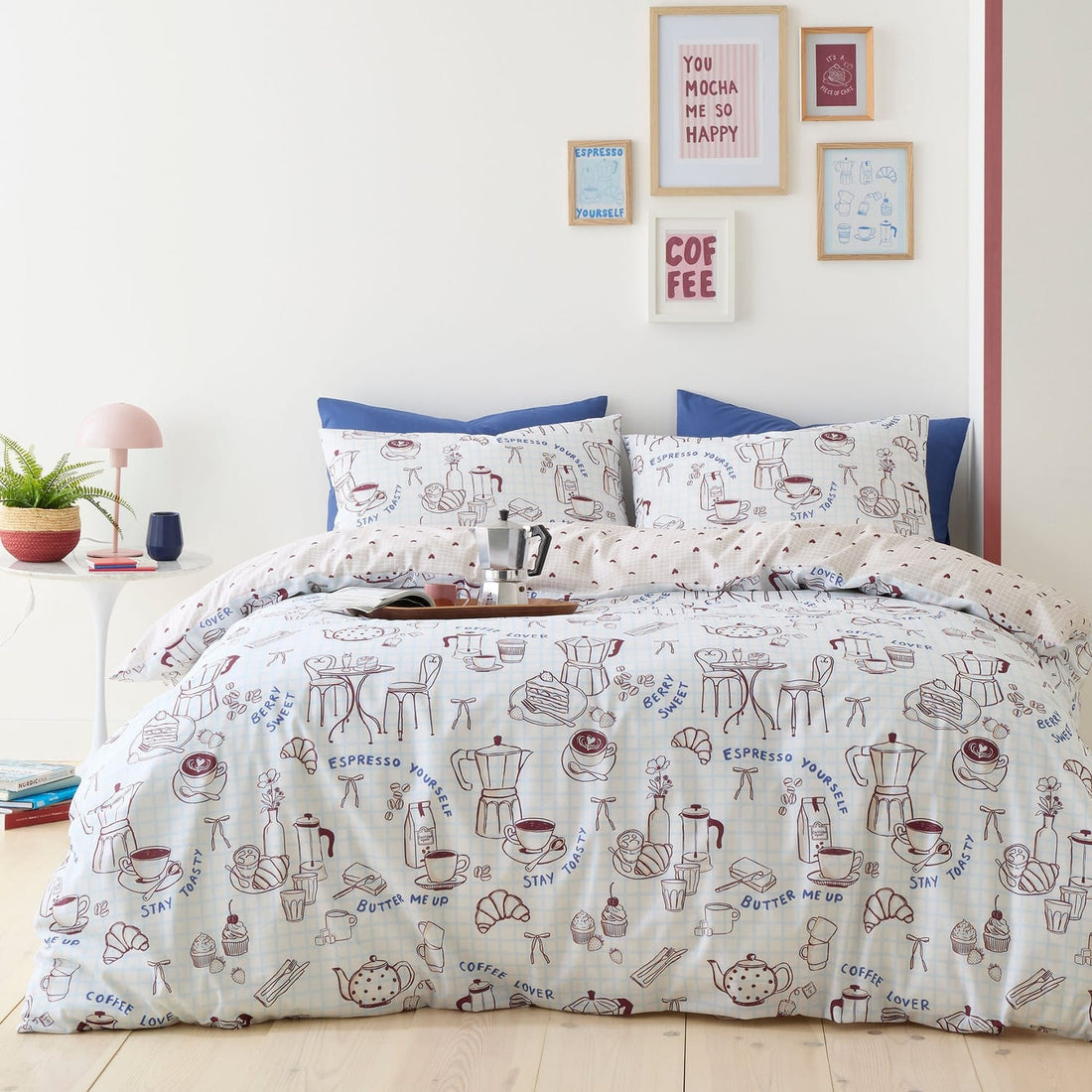 Coffee Club Blue Polycotton Duvet Cover Set