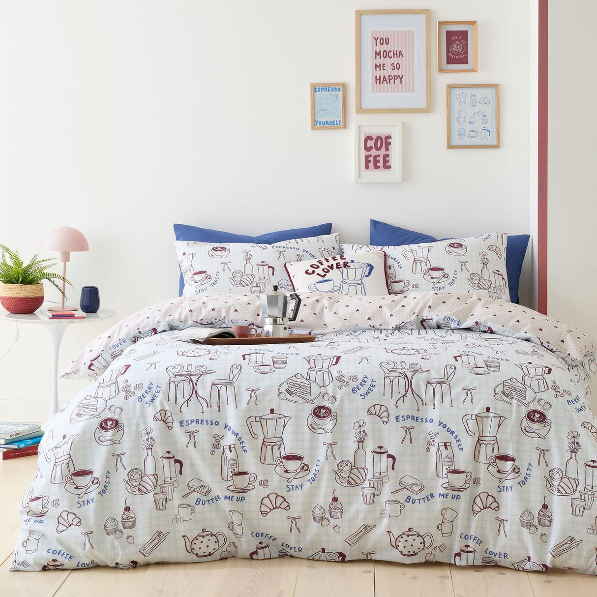 Coffee Club Blue Polycotton Duvet Cover Set - Coffee Club Duvet Cover Set In Blue 5