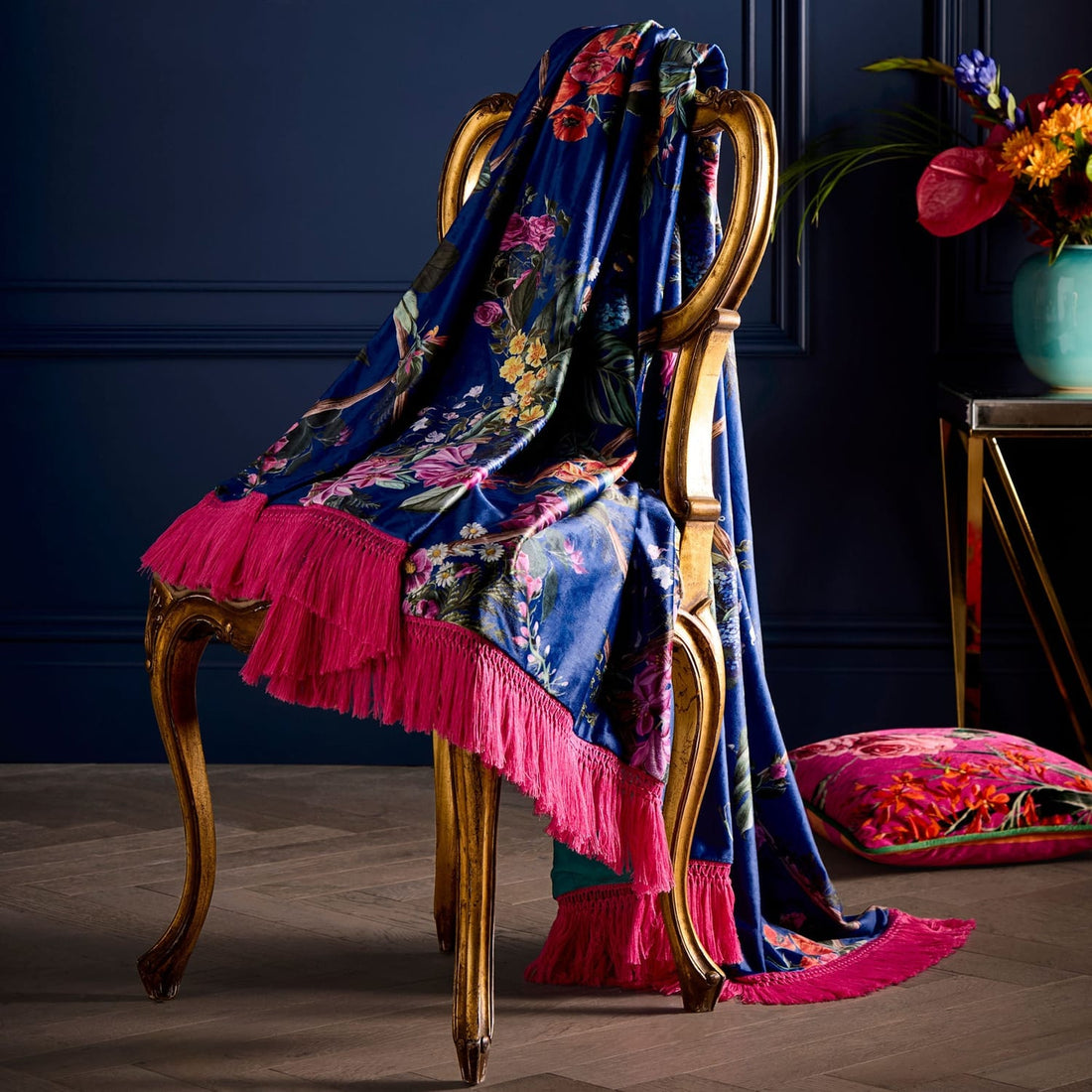Laurence Llewelyn-Bowen Cotswold Fantasia Floral Cosy Tasselled Navy Velvet Throw Blanket 130cm x 180cm