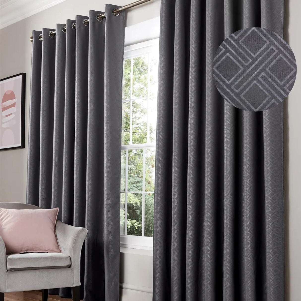 Alan Symonds Diamond Dim Out Eyelet Ring Top Curtains in Charcoal