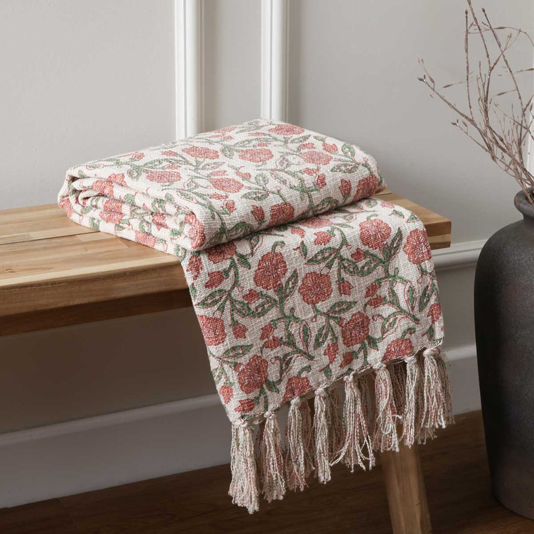 Delphine Tasselled Reversible Coral 100% Cotton Throw Blanket 130cm x 170cm