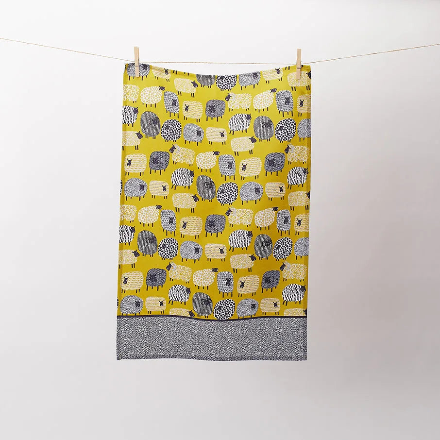 Dotty Sheep Cotton Tea Towel in Yellow