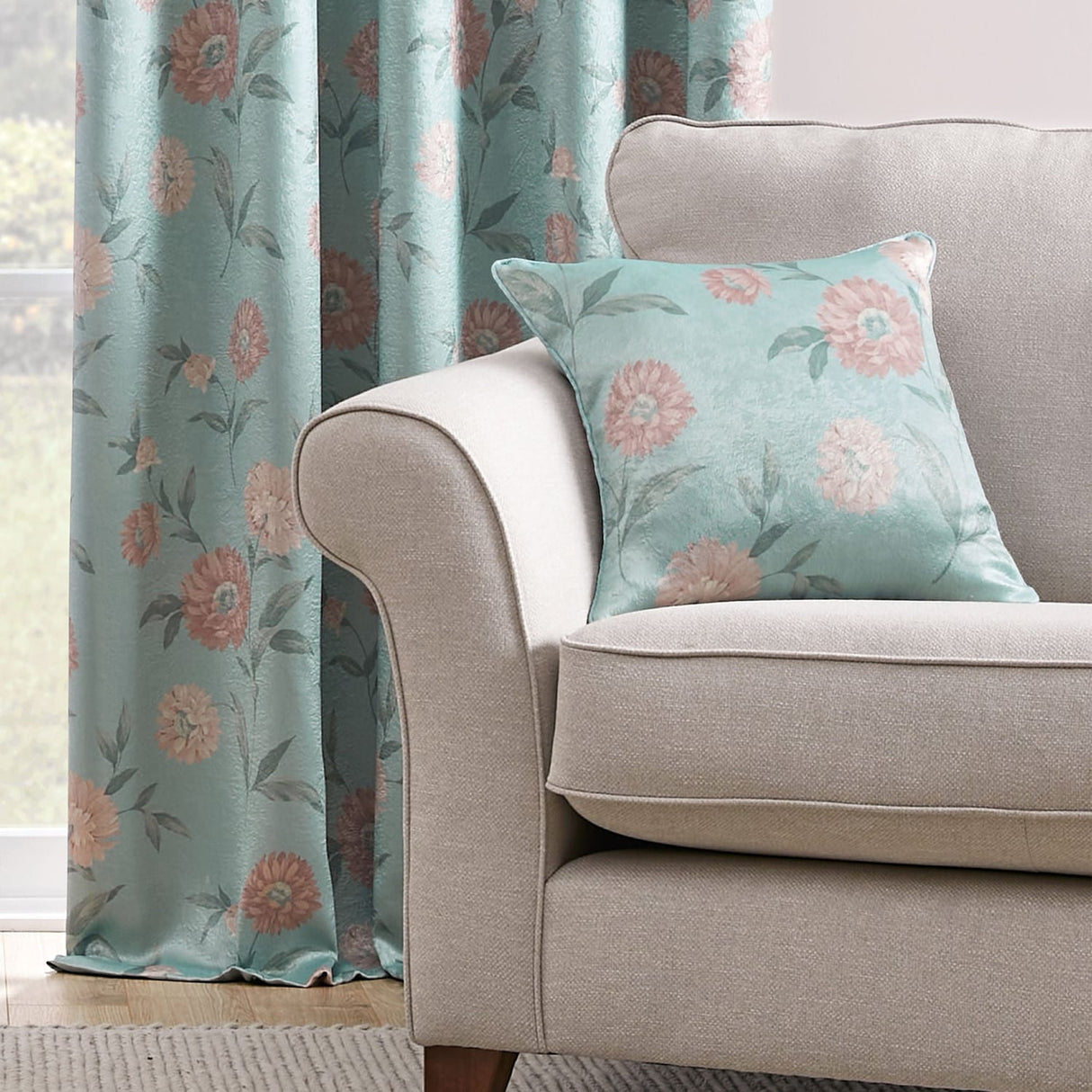 Dahlia Floral Cushion Cover 43cm x 43cm (17" x 17") - Duck Egg