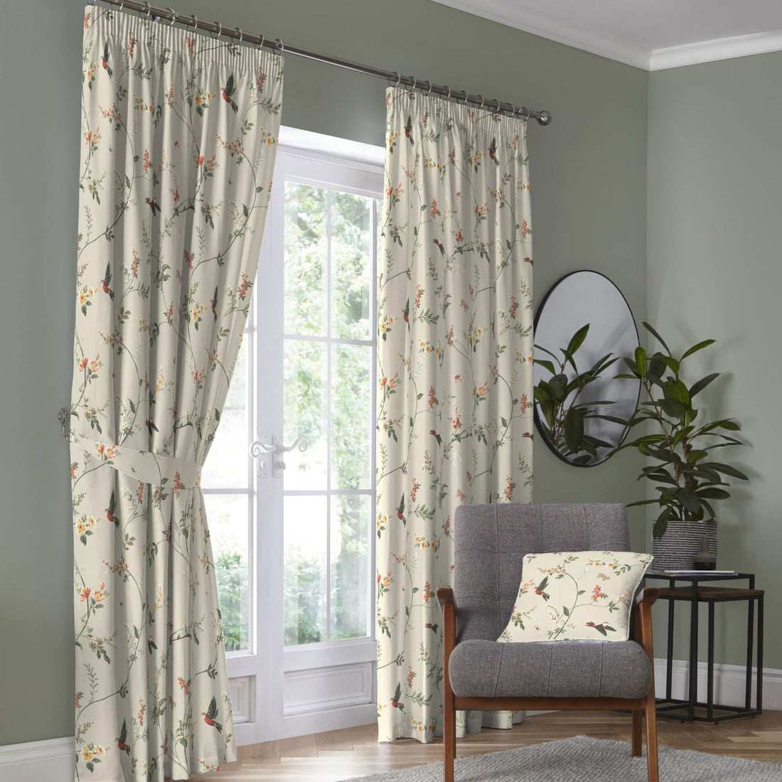 Darnley Floral Bird Coral 100% Cotton Pencil Pleat Curtains