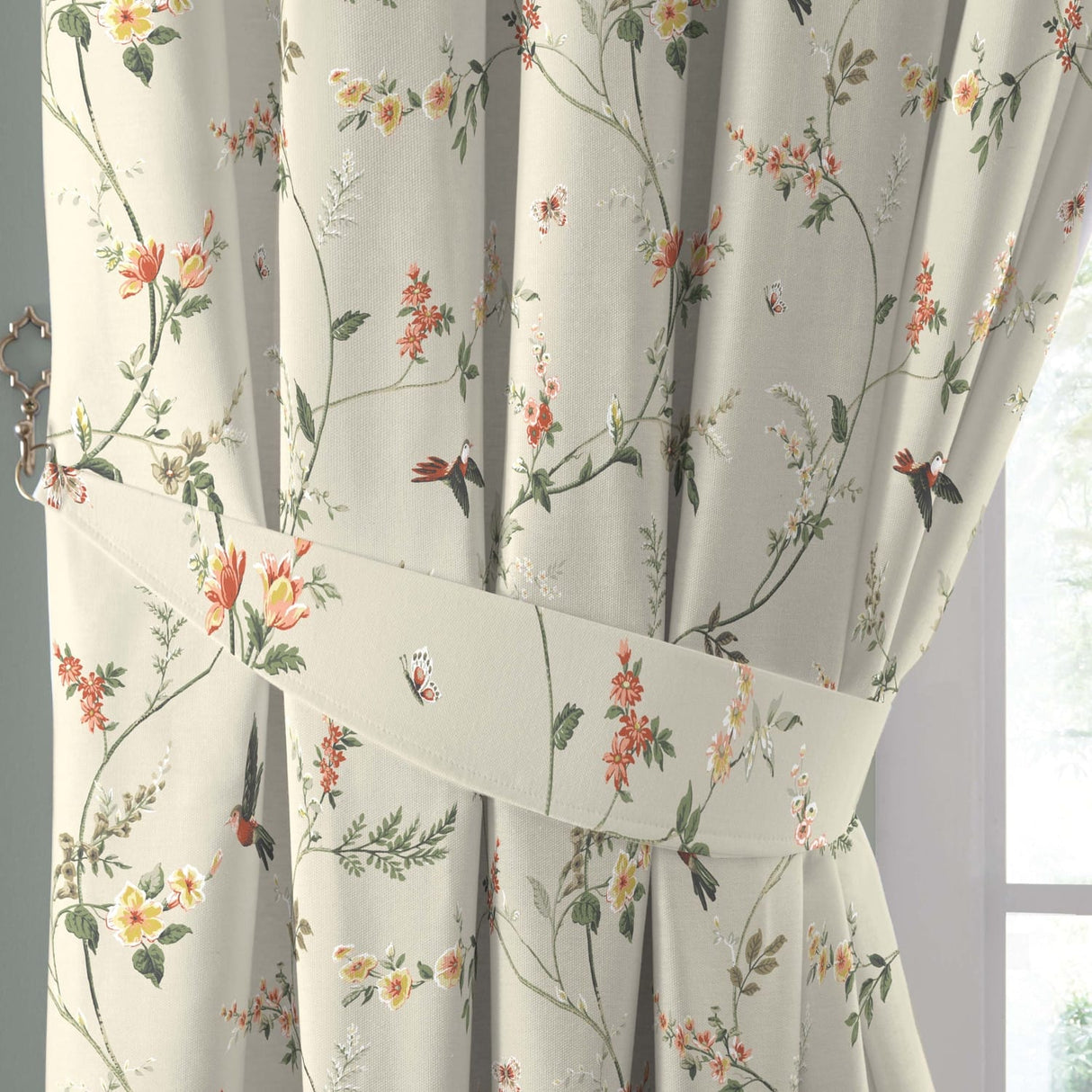 Darnley Floral Bird 100% Cotton Pencil Pleat Curtains Coral Light Filtering - Darnley Pencil Pleat Curtains In Coral Natural 3